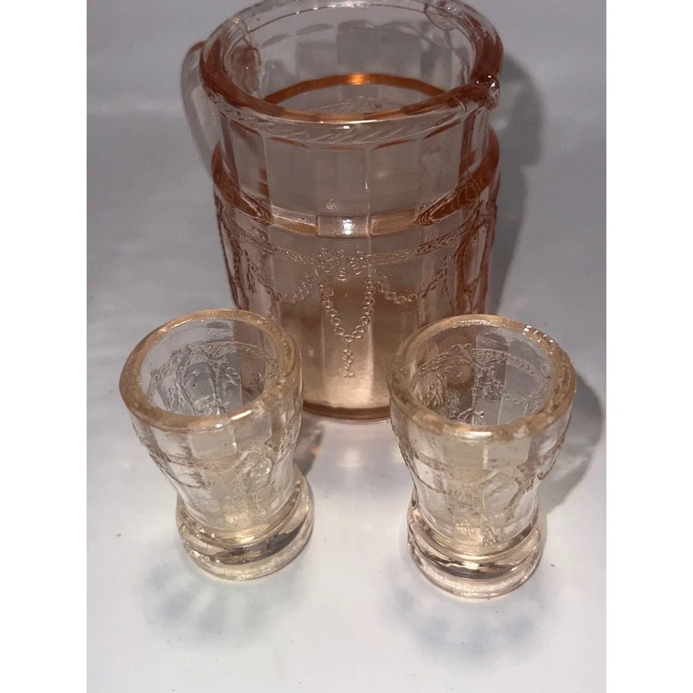 Vintage Pink Depression Glass Pitcher and 2 Glasses Set Etched Swag Tassel Motif